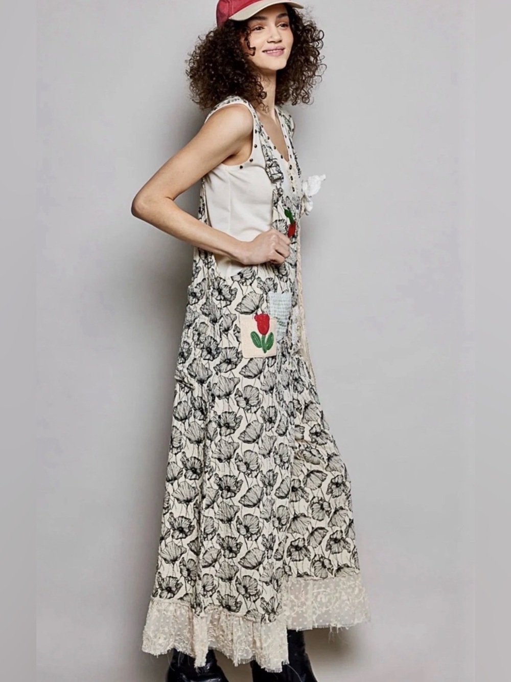 H040 POL M pp21 Cream Floral Overlay Lace A Lot of Details Maxi Jumpsuit Pants - Picture 3 of 16